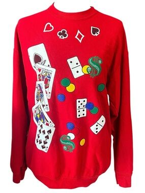 Vintage Blair Red Casino Crewneck Sweatshirt Playing Cards Vegas Size M